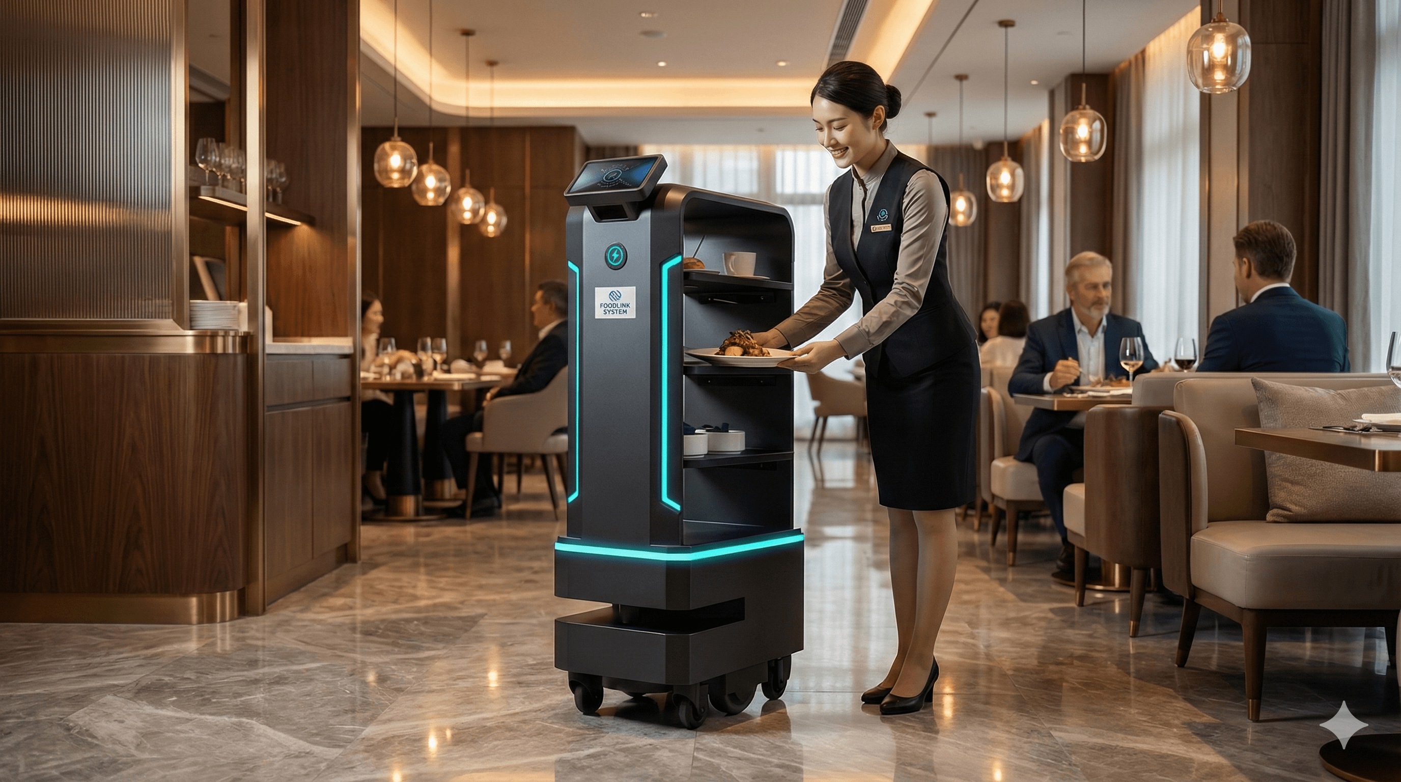Restaurant staff collaborating with FL1 AI robot for seamless food delivery