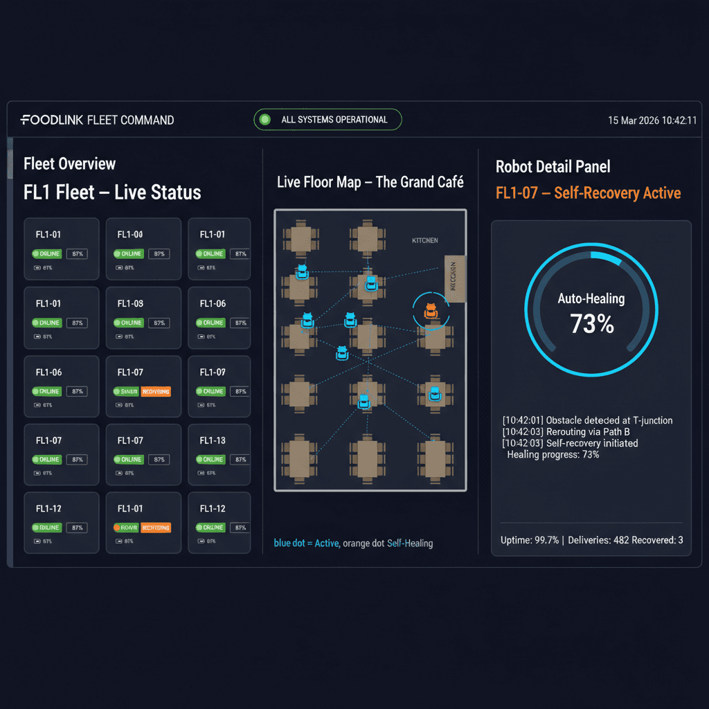 FoodLink AI dashboard showing fleet health monitoring, self-recovery diagnostics, and autonomous robot management with single operator